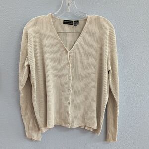 Liz Claiborne Collection Silk Cream V-Neck Button-Up Y2K Sweater